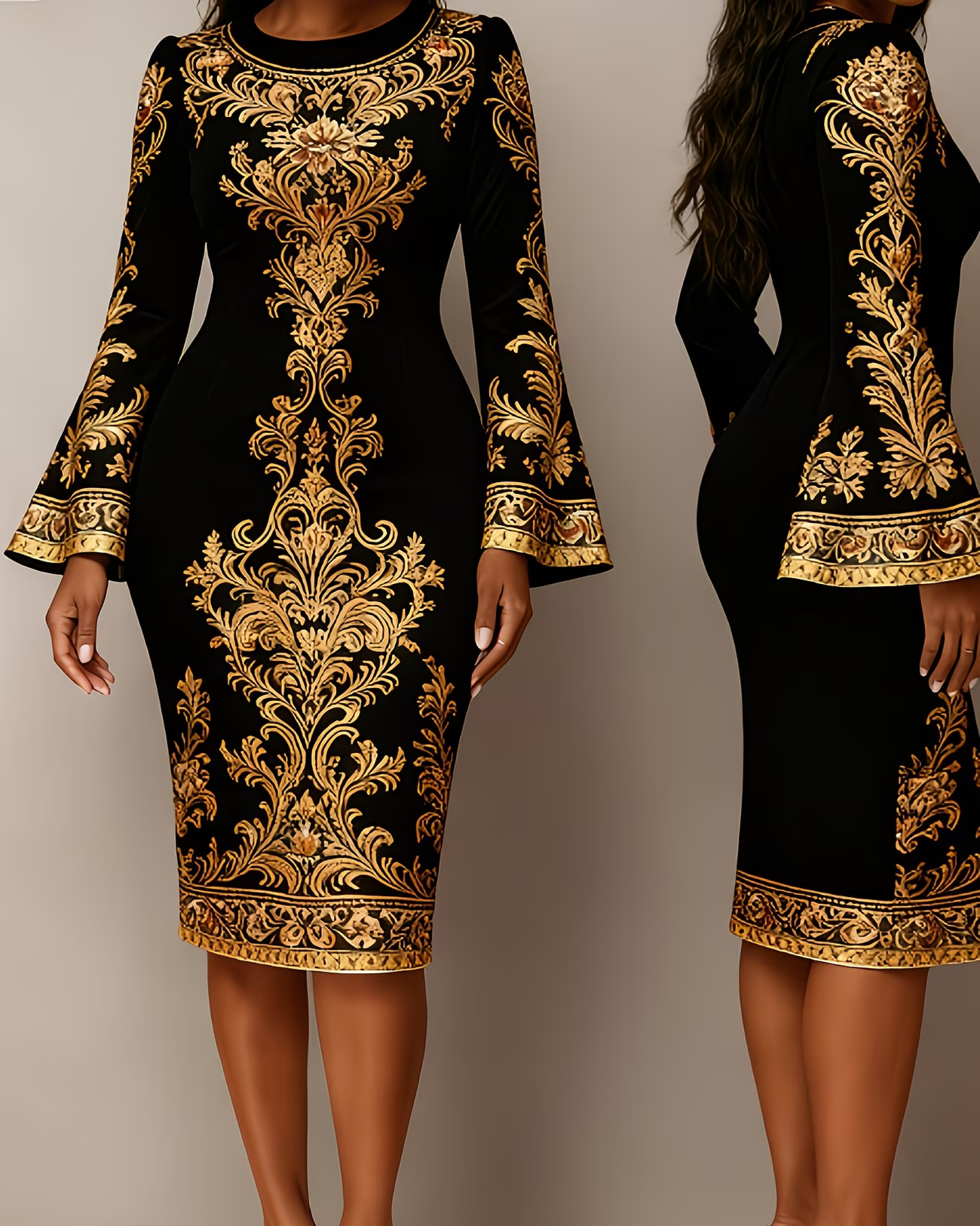 Golden Elegant Flowers Flared Sleeves Mini Dresses