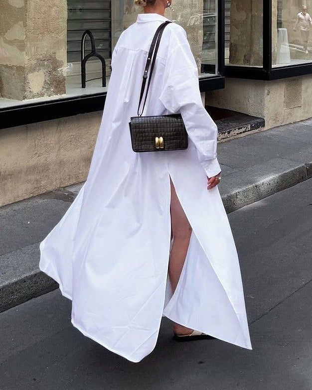 Solid Color Hem Slit Shirt Collar Long Sleeve Maxi Dress