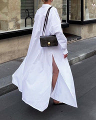 Solid Color Hem Slit Shirt Collar Long Sleeve Maxi Dress