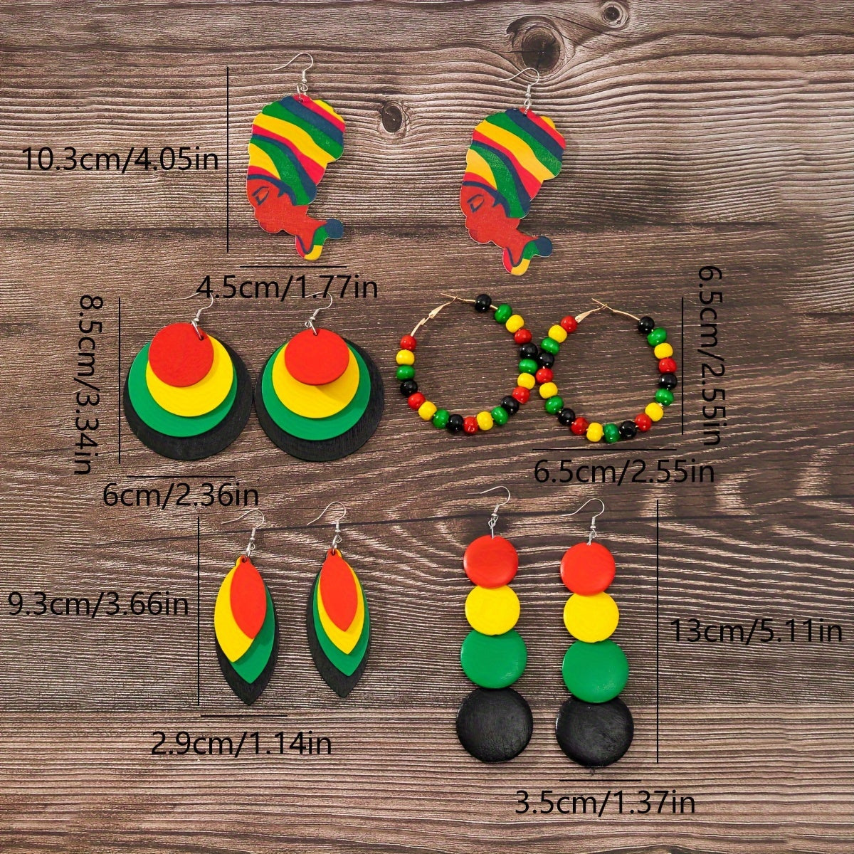 A Set of Five Reggae-colored Earrings