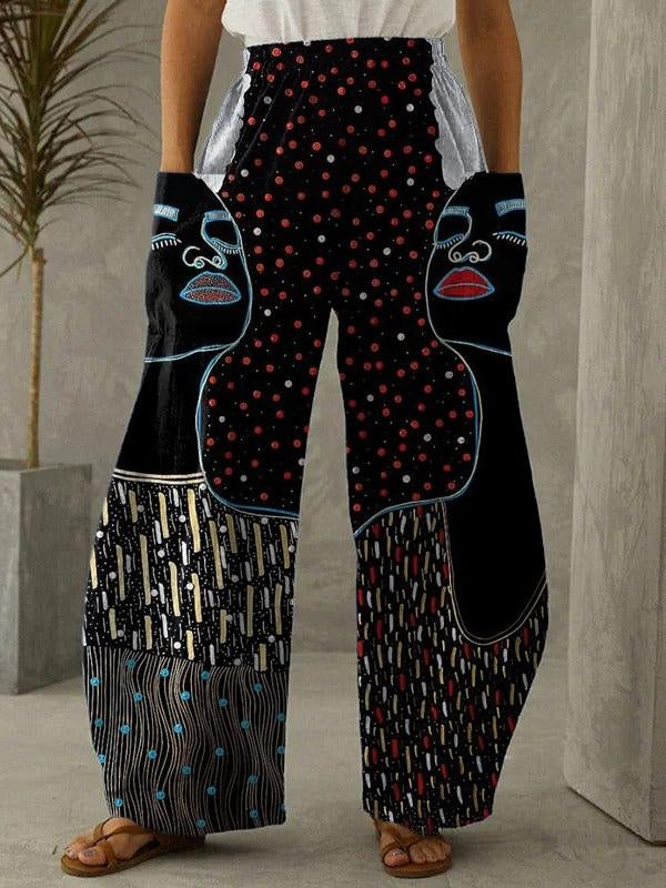 Artistic black polka dot ethnic style fashion printed casual trousers