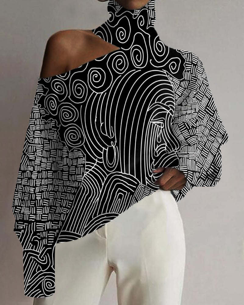 Line Drawing Ethnic Style Black Print Hollow High Collar Top
