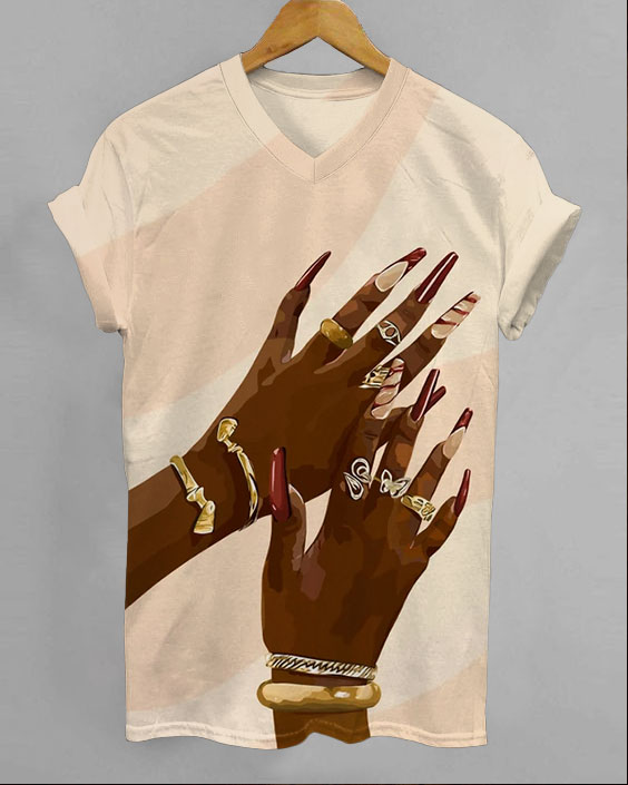 Black Girls Nail Art V-neck Short Sleeve Tshirt