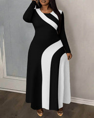 Black and White Wavy Stripes Round Neck Long Sleeve Maxi Dress