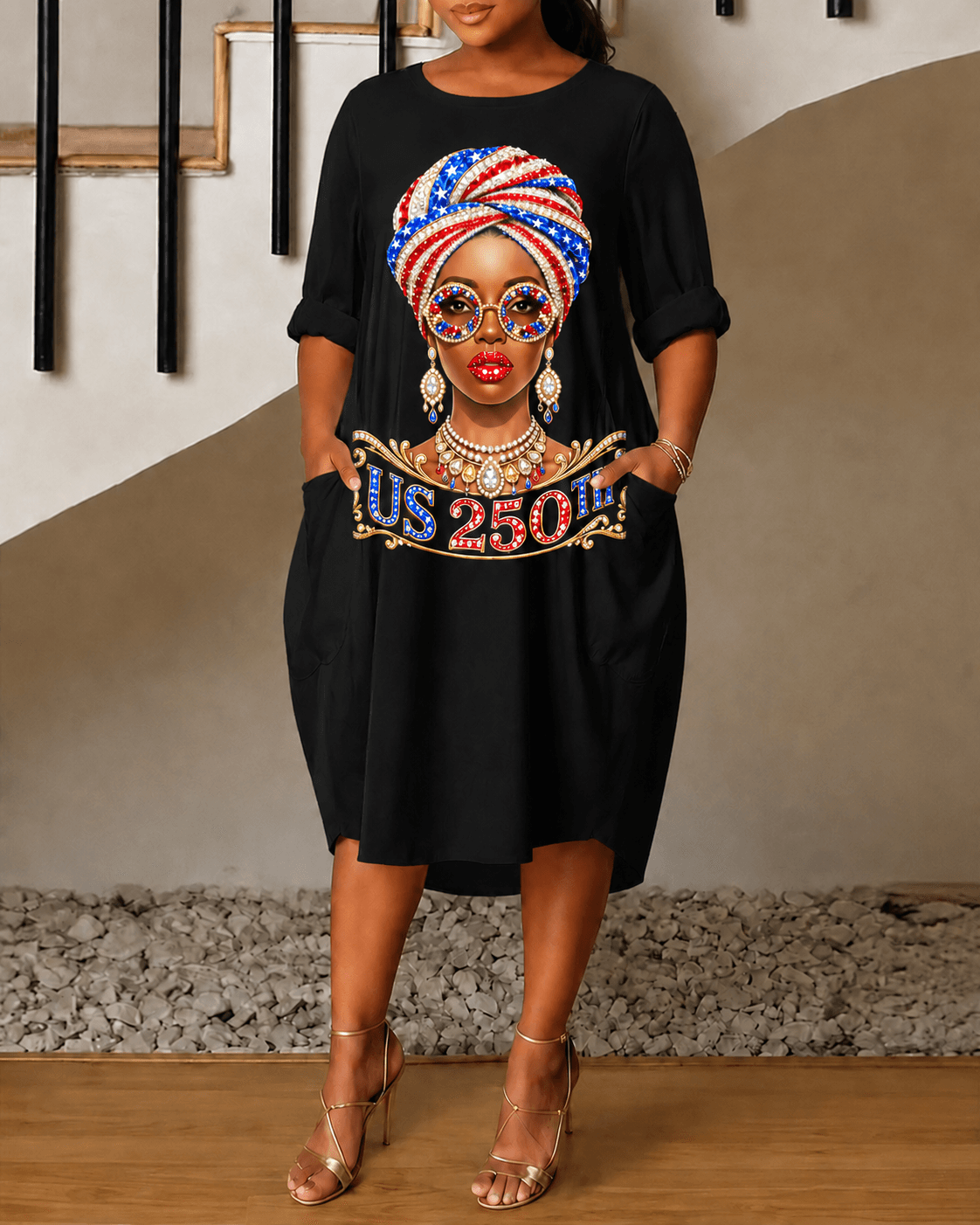 Black Woman 250th Round Neck Side Pockets & 3/4 Sleeves Midi Dress