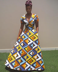 V Neck Ethnic Geometric Short Sleeve Maxi Dress