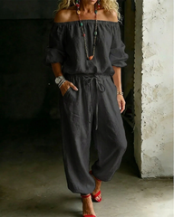 Off-Shoulder Solid Color Cotton Linen Tie Waist Cinched Waist Jumpsuit