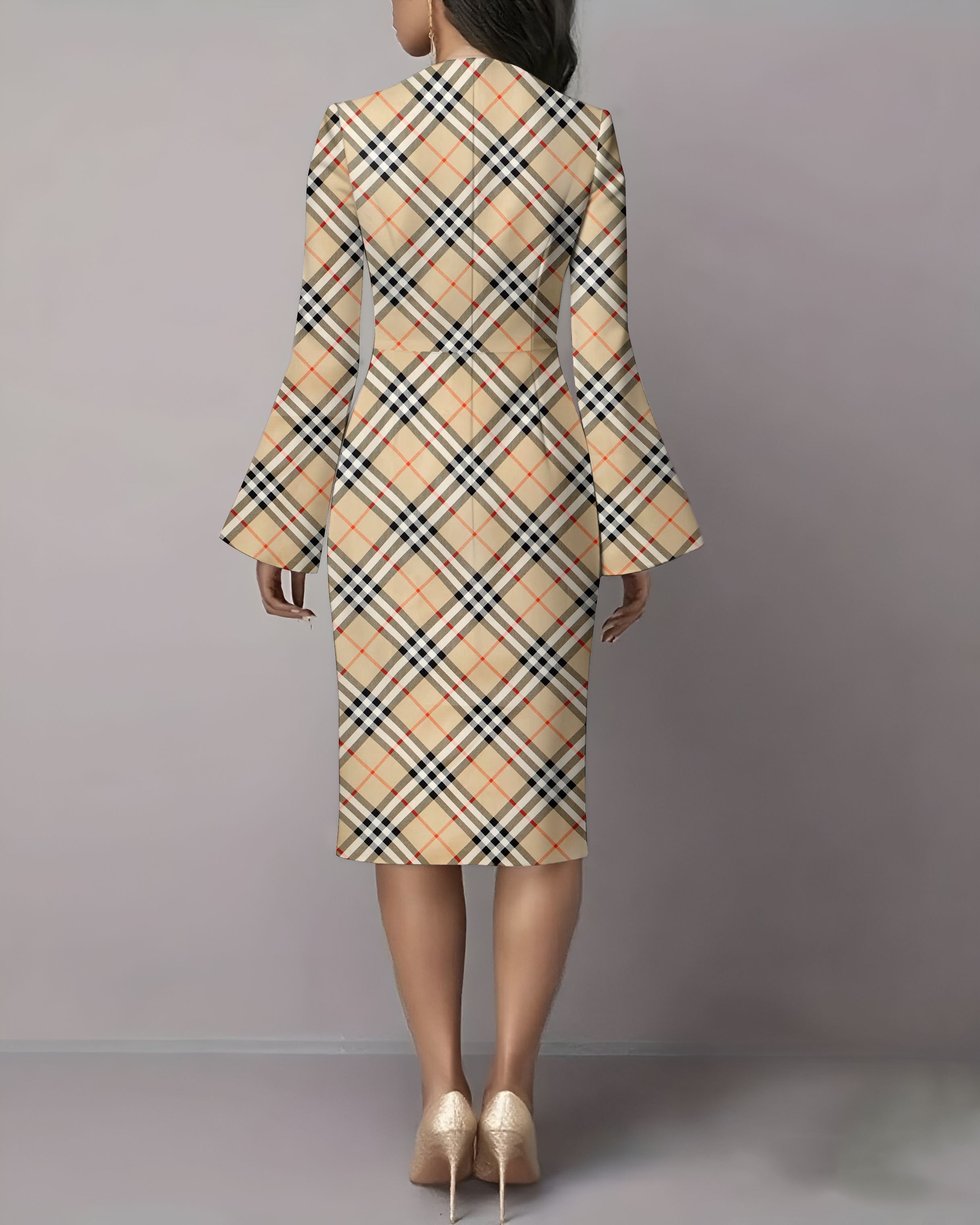 Classic Plaid Stripes Flared Sleeves Midi Bodycon Dresses