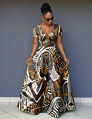 V Neck African Abstract Art Short Sleeve Maxi Dress