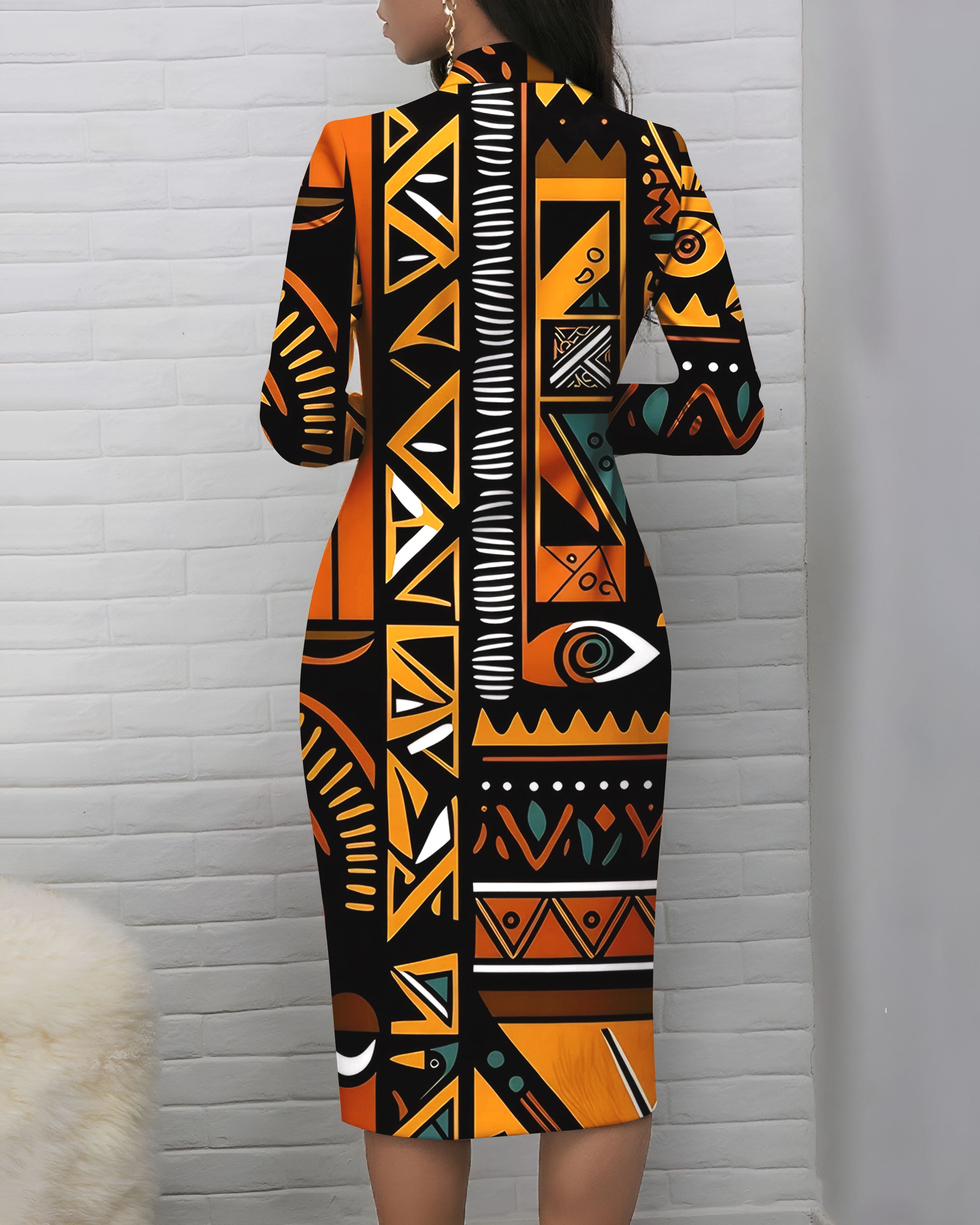Tribal Totem Prints Zipper Stand Collar Long Sleeve Bodycon Dress