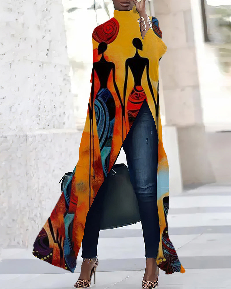 Fashion Retro Print Three-quarter Sleeve Slit T-shirt Dress