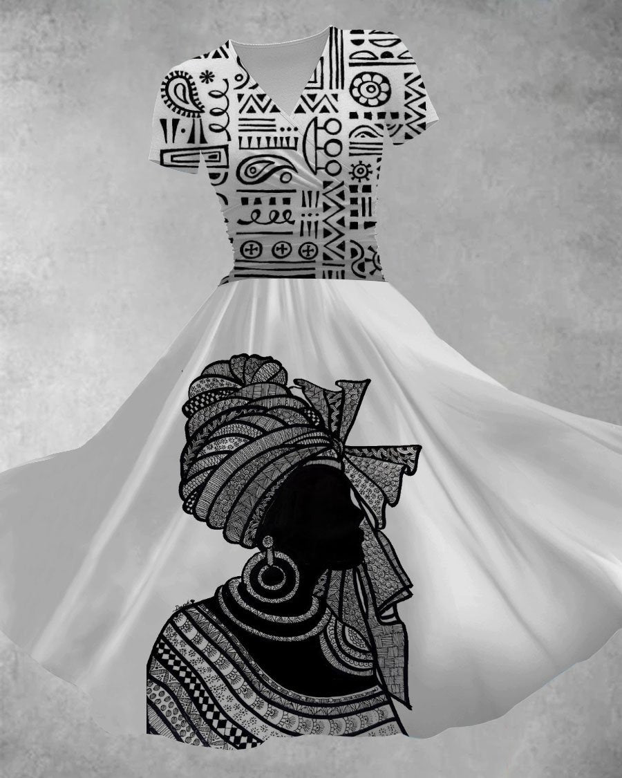 V Neck Traditional African Art Print Casual Maxi Dress