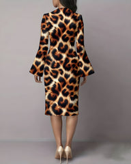 Sexy Leopard Print Flared Sleeves Midi Bodycon Dresses