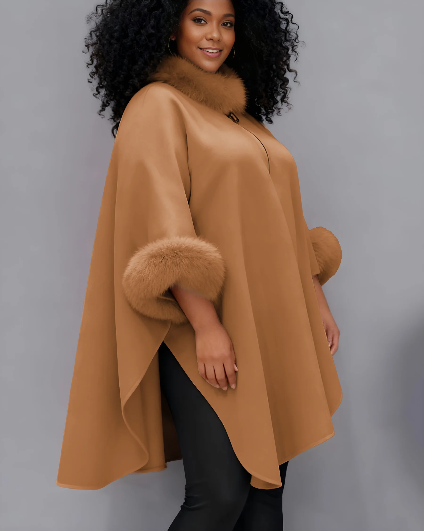 Autumn And Winter Large Rabbit Fur Collar Mid-length Woolen Coat Elegant Cape Shawl Hepburn Style Woolen Large Size Coat