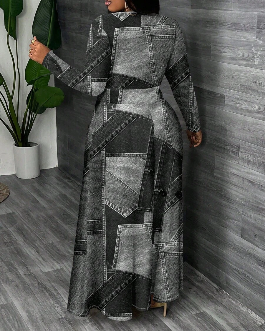 Black Denim Print Round Neck Long Sleeve Maxi Dress