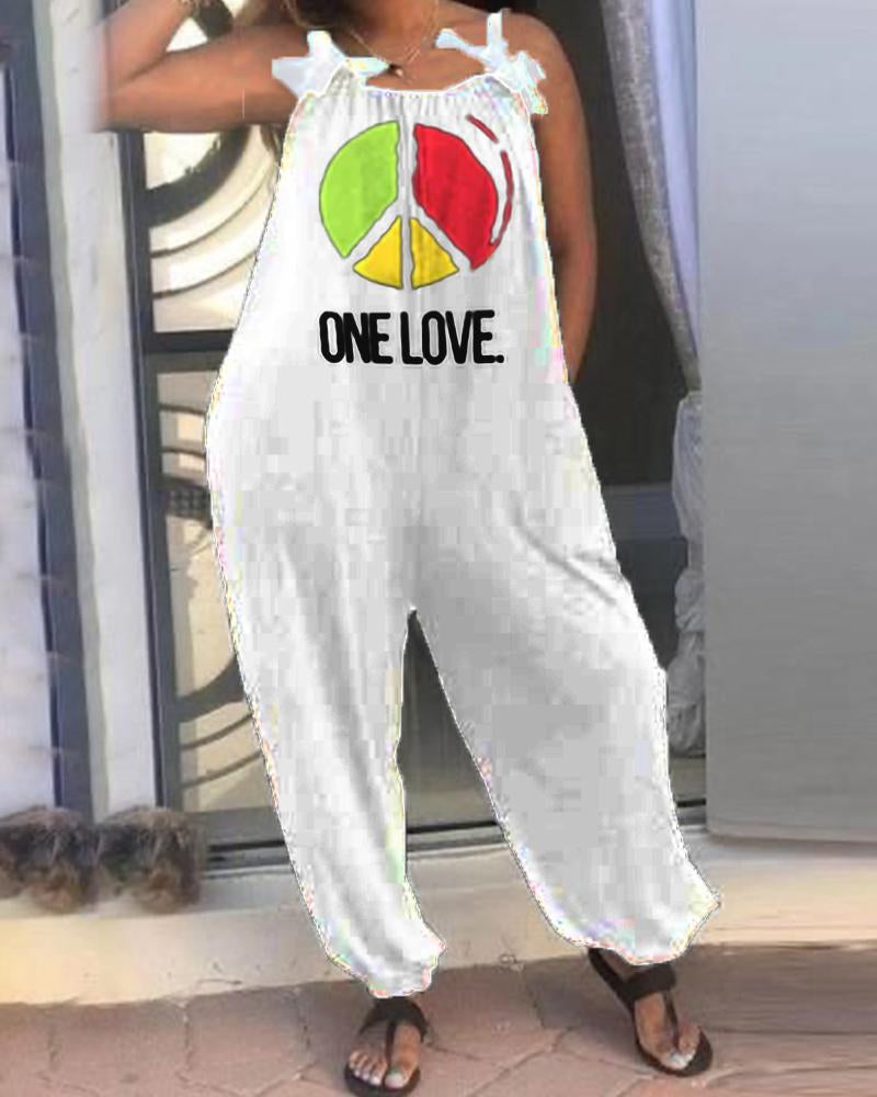 Pure White Bow Shoulder Strap Printed Women's Jumpsuit