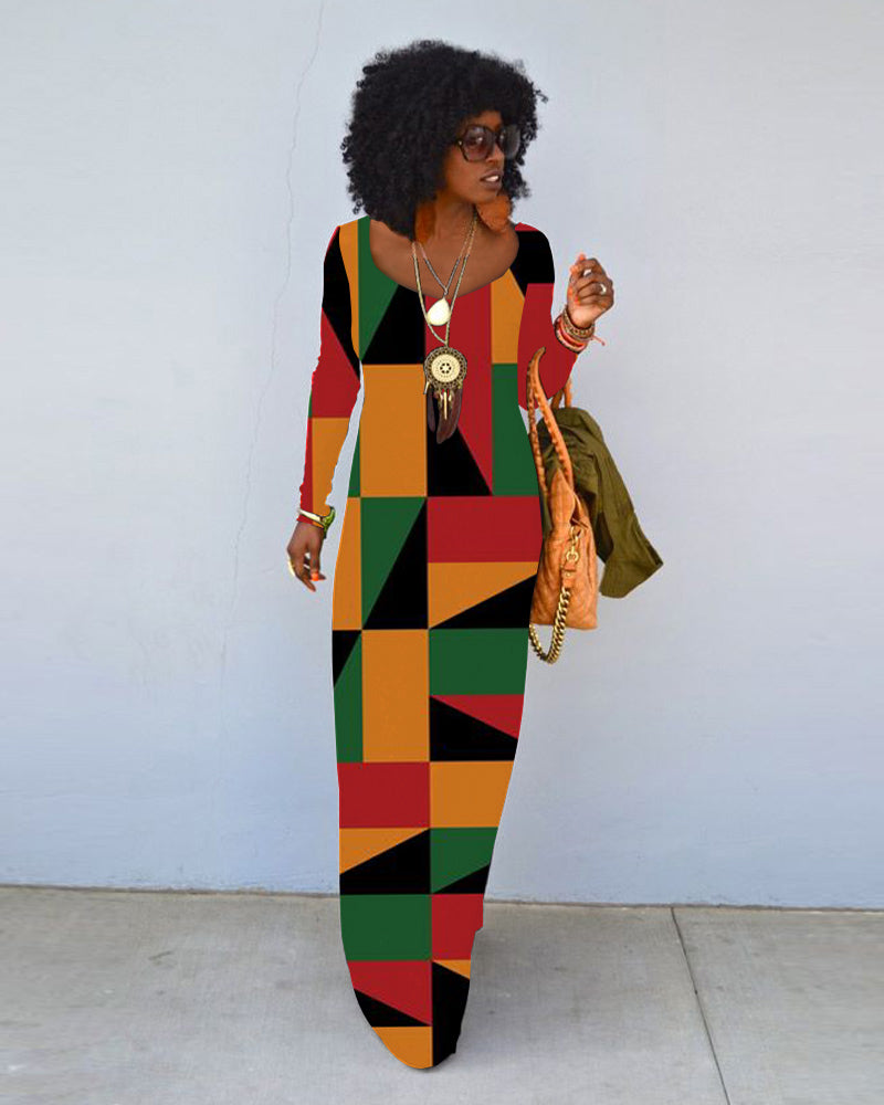 Juneteenth Three Color Geometry Crew Neck Long Sleeve Dress