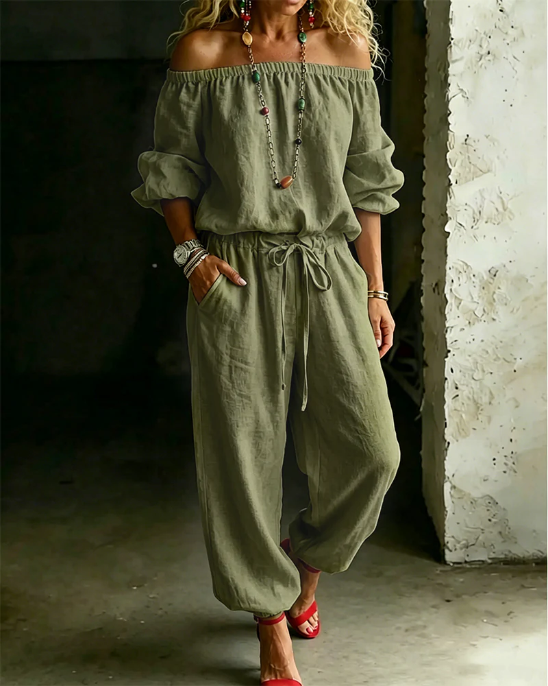 Off-Shoulder Solid Color Cotton Linen Tie Waist Cinched Waist Jumpsuit