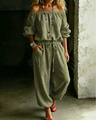 Off-Shoulder Solid Color Cotton Linen Tie Waist Cinched Waist Jumpsuit