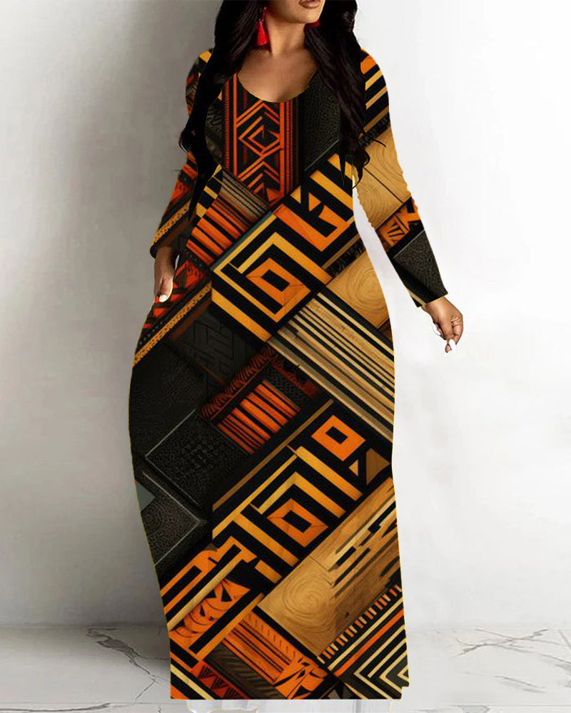 Retro Ethnic Print Loose Hem Long Sleeve Maxi Dress
