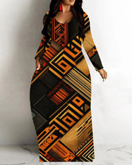 Retro Ethnic Print Loose Hem Long Sleeve Maxi Dress
