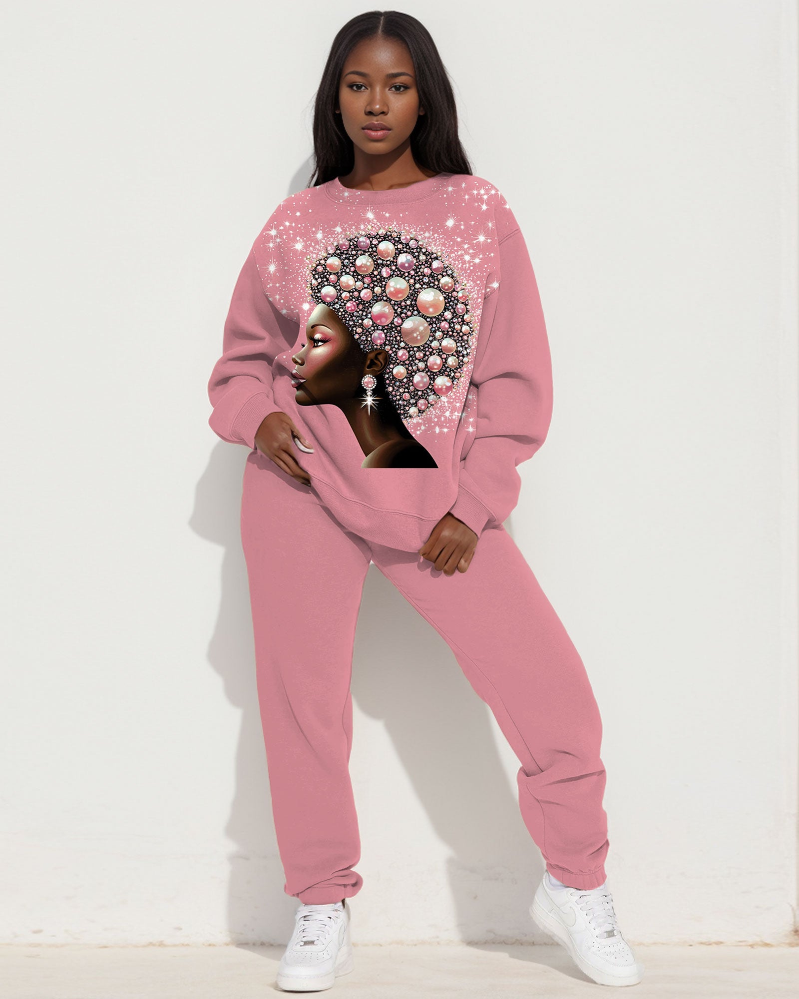 Pearl Brown Girl Print Long Sleeve Sweatshirt Two Pieces Set