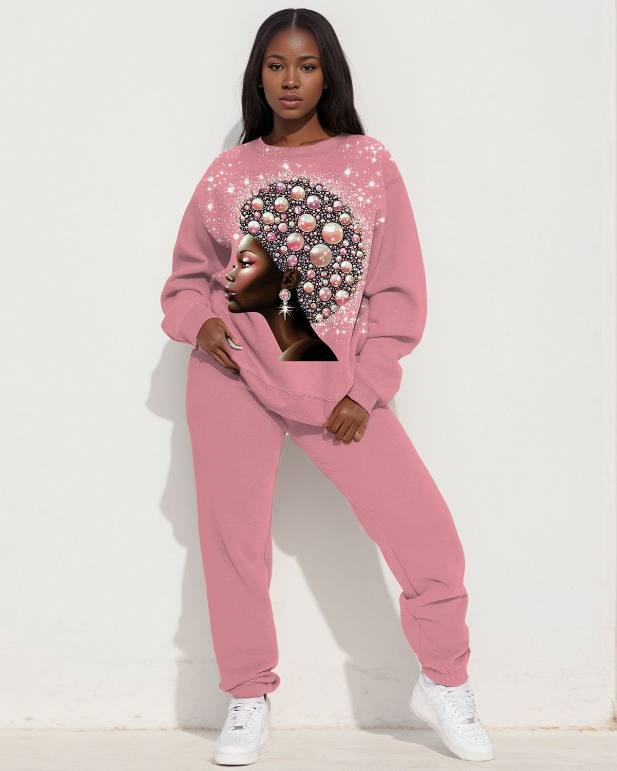 Pearl Brown Girl Print Long Sleeve Sweatshirt Two Pieces Set