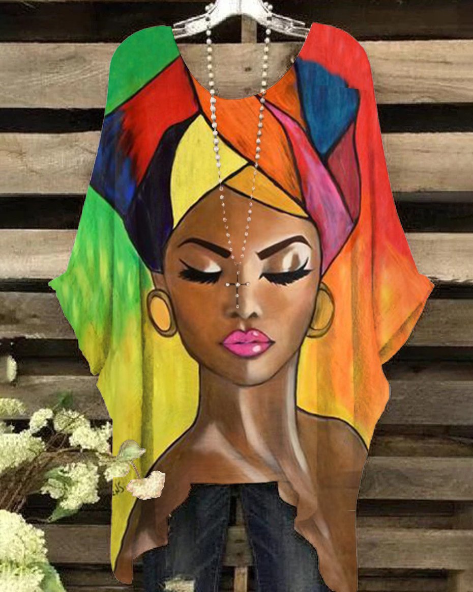 Round Neck Colorful Hijab Black Woman Irregular Shirt