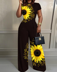 Yellow Sunflower Geometry 2pcs Set Wide Leg Jumpsuit