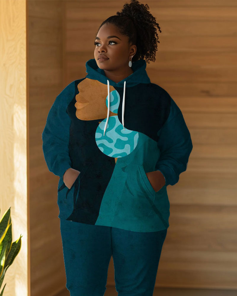 Elegant Lady O-ring Earring Print Long Sleeve Hoodie Two Pieces Set