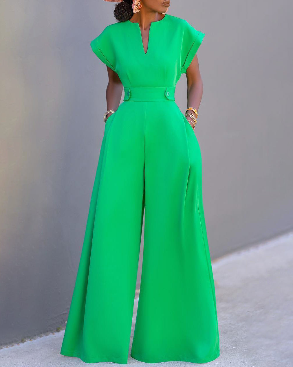 Solid Color Green Neckline Batwing Sleeve Wide Leg Jumpsuit