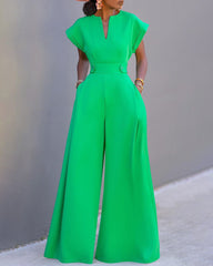Solid Color Green Neckline Batwing Sleeve Wide Leg Jumpsuit