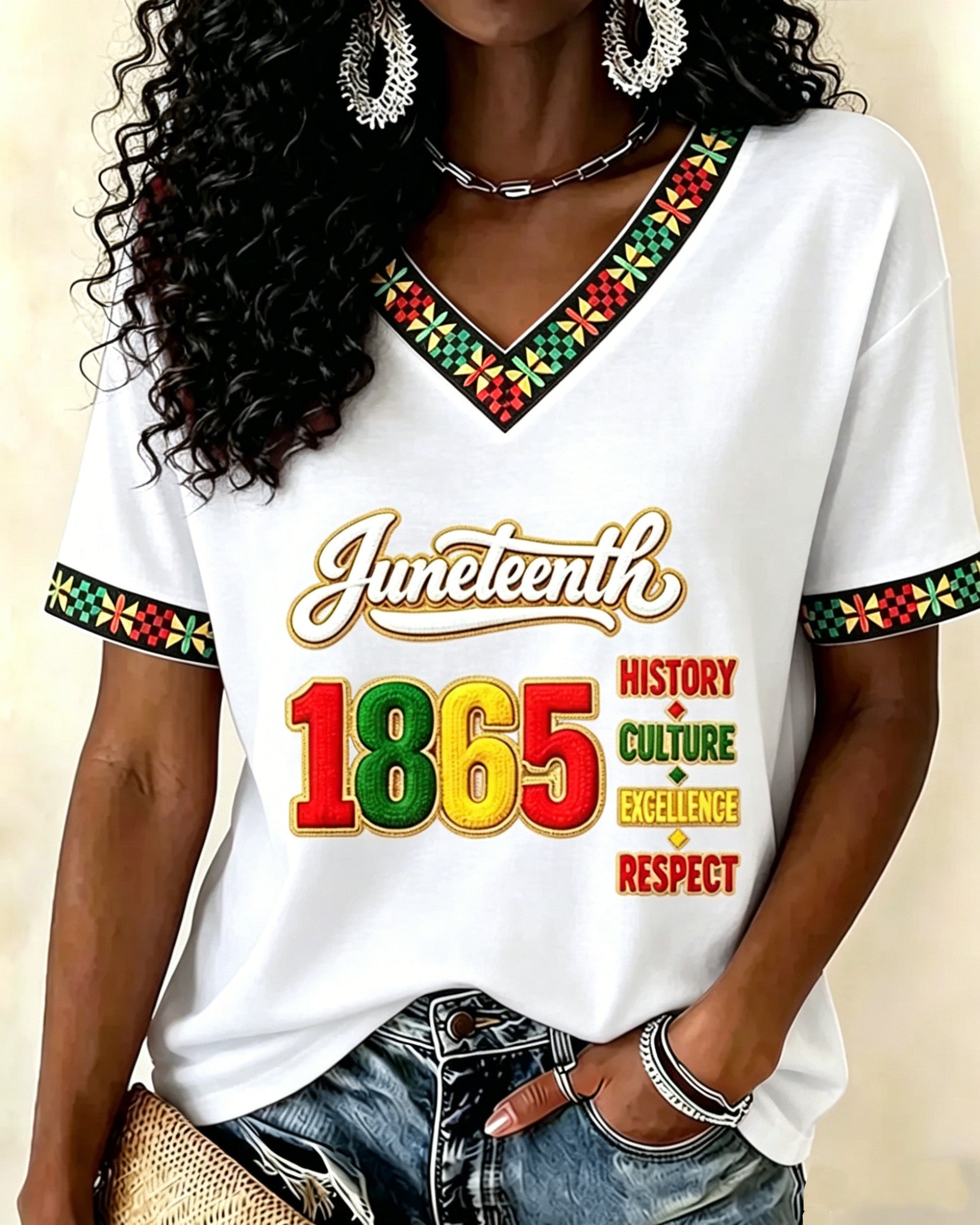 Juneteenth Remember The Past Print V-neck Short Sleeve Tshirt