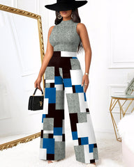 Round Neck Fun Geometric Blocks Wide Leg Jumpsuit