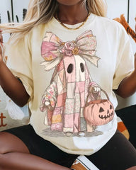 Retro Halloween Pink Denim Ghos Crew Neck Casual Short-Sleeved T-Shirt