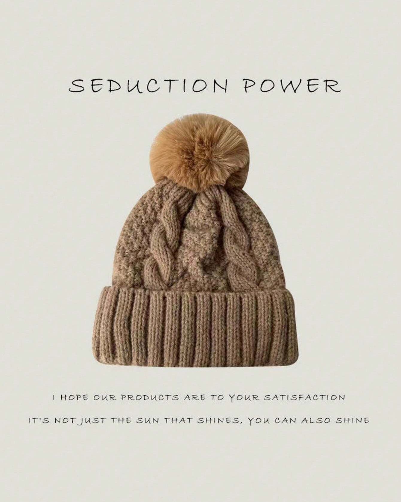 Women Warm Knitted Hat With Large Fur Pom Pom