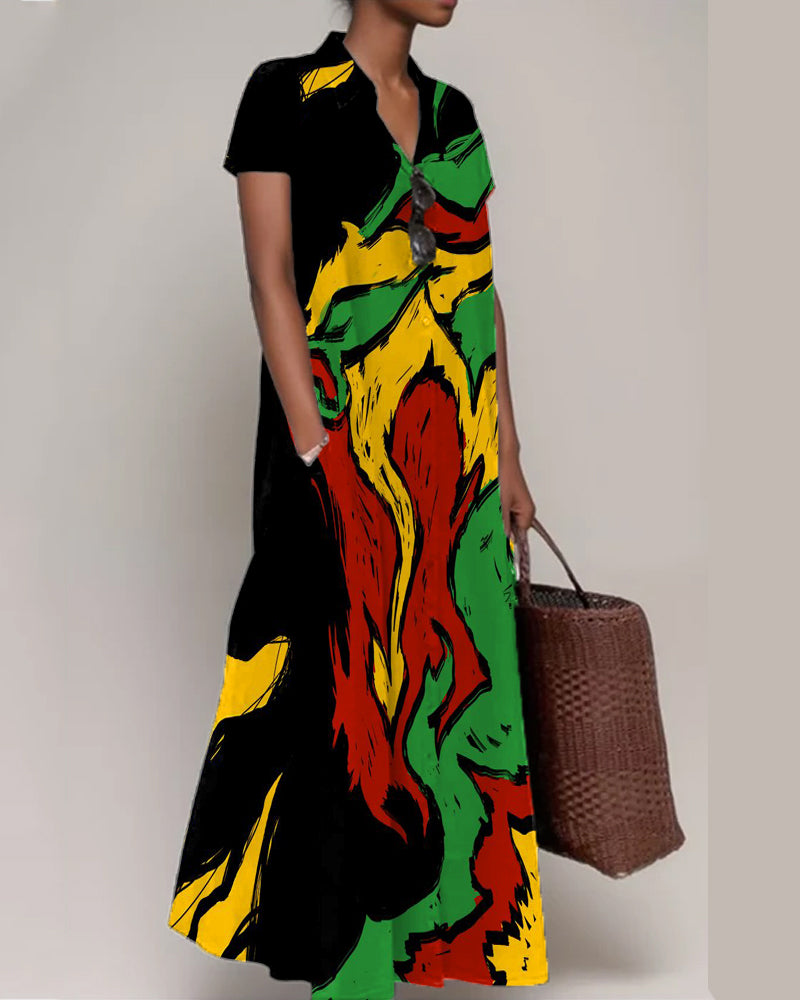 Black Short Sleeve Lapel Maxi Dress