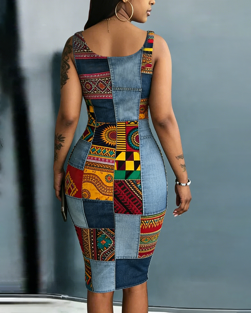 Denim Floral Patchwork Print Bodycon Scoop Neck Mini Dress-Not Faux Denim Fabric