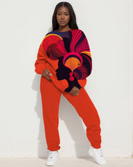 Chic Art Print Long Sleeve Crewneck Sweatshirt And Sweatpants Set