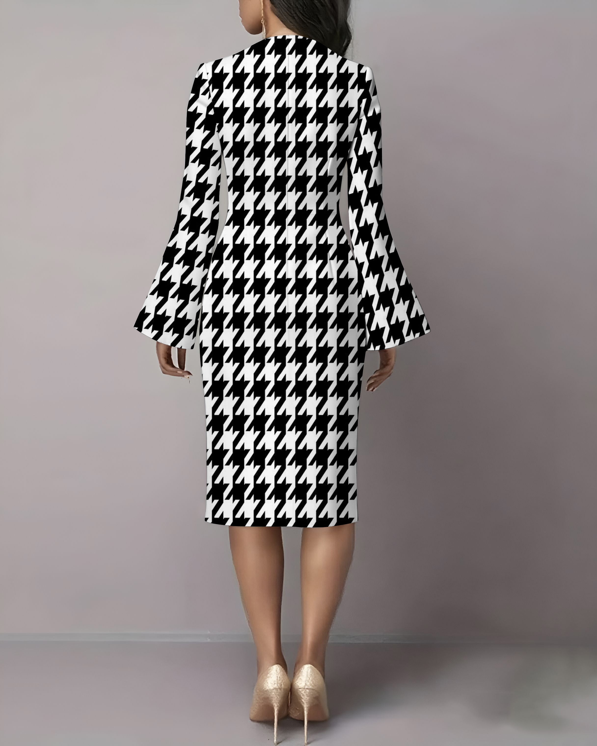 Classic Houndstooth Flared Sleeves Midi Bodycon Dresses