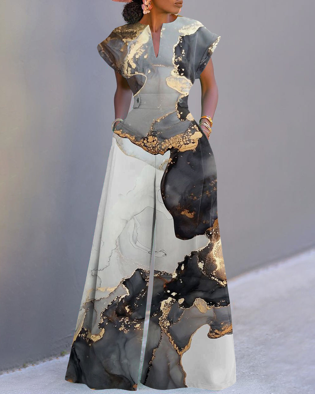 Marble Gradient Color Neckline Batwing Sleeve Wide Leg Jumpsuit