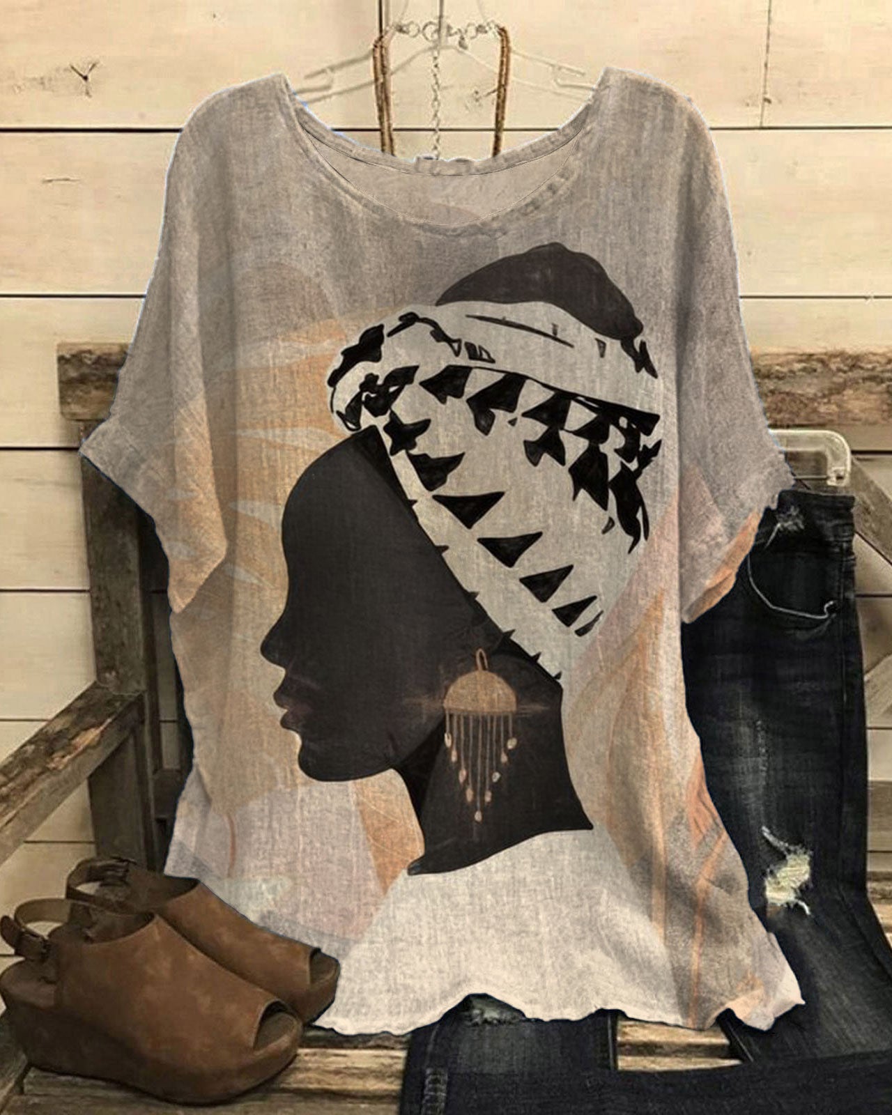 Gorgeous African Lady Ethnic Print Short Sleeve Casual Linen Blend Tunic