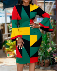 Reggae-colored Irregular Color Blocking Flared Sleeves Mini Dresses