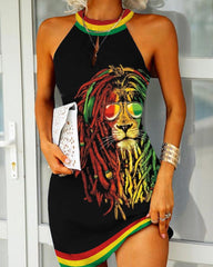 Contrast lion print halterneck dress