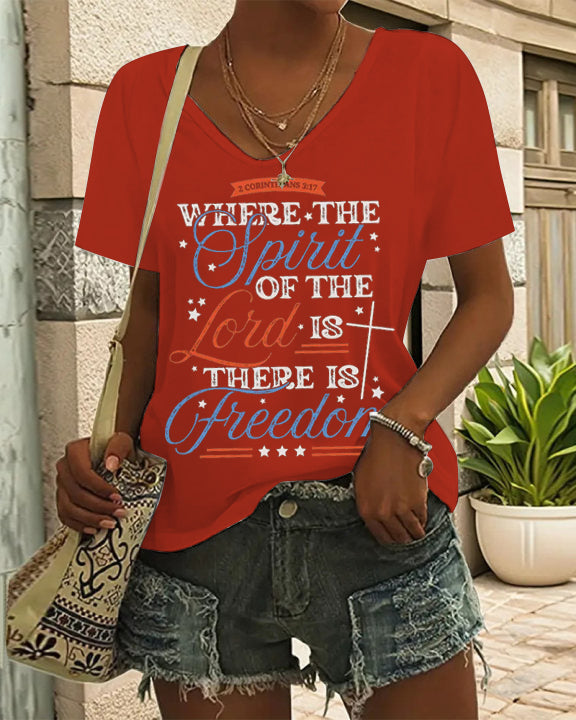 Vintage Christian 4th of July America V Neck Short Sleeve Cotton T-shirt