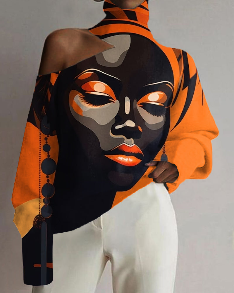 Black Ethnic Style Color Patchwork Casual Print Off-the-shoulder Top