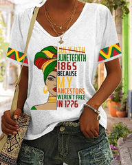 Black Girl Juneteenth Print Short Sleeve V Neck T-Shirt