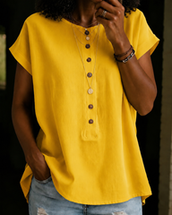 Round Neck Short-sleeved Button-down Solid Color Top