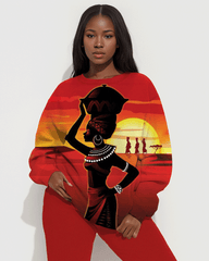 African Lady Sunset Painting Print Long Sleeve Sweatshirt Two Pieces Set