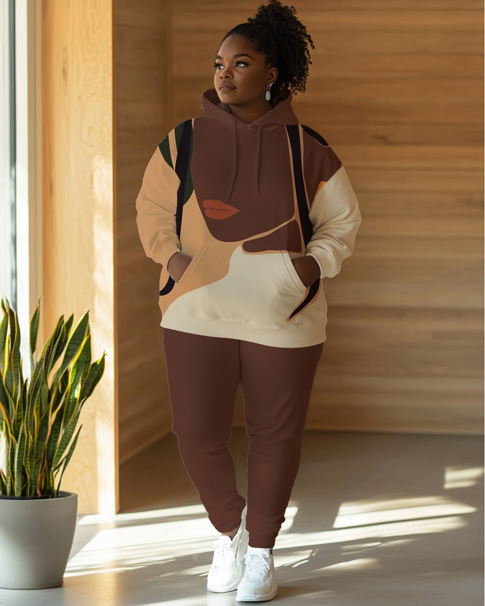 Abstract Art Print Sleeve Hoodie Two Pieces Set